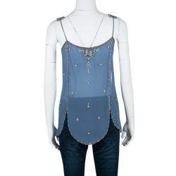 مملوكة مسبقًا Matthew Williamson Blue Crystal Embellished Sleeveless Silk Top M