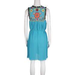 Matthew Williamson Escape Blue Floral Embroidered Silk Pom Pom Trim Sleeveless Dress M
