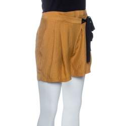 Matthew Williamson Mustard Yellow Textured Tie Detail Faux Wrap Shorts S