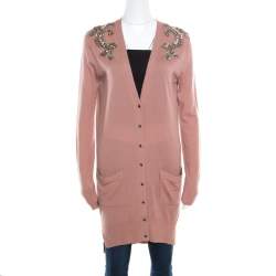Matthew Williamson Caramel Brown Wool Cashmere Embellished Button Front Cardigan S