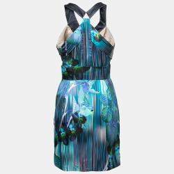 Matthew Williamson Blue Orchid and Stripe Print Silk Sleeveless Dress M