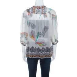 Matthew Williamson Off White Dragonfly Printed Silk Chiffon Sheer Blouse M