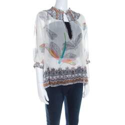 Matthew Williamson Off White Dragonfly Printed Silk Chiffon Sheer Blouse M