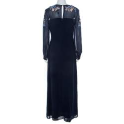 Matthew Williamson Navy Blue Silk Embellished Floral Applique Maxi Dress M
