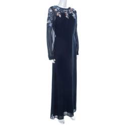 Matthew Williamson Navy Blue Silk Embellished Floral Applique Maxi Dress M