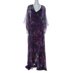 Matthew Williamson Purple Printed Silk Long Folded Hemline Kaftan Dress M