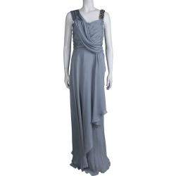 Matthew Williamson Grey Silk Draped Asymmetric Embellished Gown M