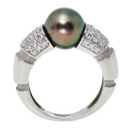 Mauboussin Nadja Cultured Pearl Diamond 18K White Gold Cocktail Ring Size 52