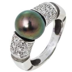 Mauboussin Nadja Cultured Pearl Diamond 18K White Gold Cocktail Ring Size 52