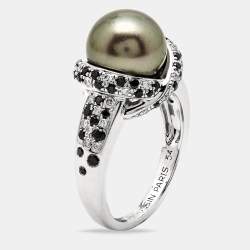 Mauboussin Perle Caviar Mon Amour Cultured Pearl Diamond 18K White Gold Cocktail Ring Size 54