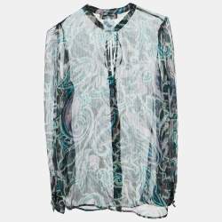 Pre Owned Max & Co. Green Printed Lurex Silk Tie-Up Neck Detail Blouse S