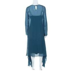 Pre Owned Max Mara Pianoforte Teal Blue Silk Handkerchief Hem Dress M
