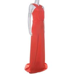 Pre Owned Max Mara Pianoforte Orange Cady Cut Out Detail Leo Maxi Dress L