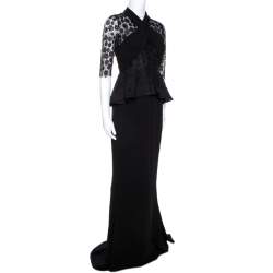 Pre Owned Max Mara Black Crepe Lace Trim Peplum Maxi Dress S