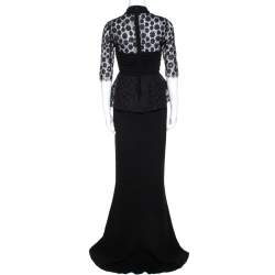 Pre Owned Max Mara Black Crepe Lace Trim Peplum Maxi Dress S