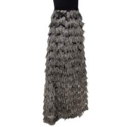 Pre Owned Max Mara Grey Metallic Jacquard Tinsel Fringed Maxi Skirt M
