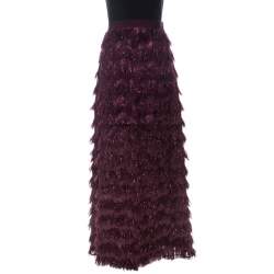 Pre Owned Max Mara Burgundy Metallic Jacquard Tinsel Fringed Maxi Skirt M