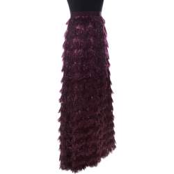 Pre Owned Max Mara Burgundy Metallic Jacquard Tinsel Fringed Maxi Skirt M