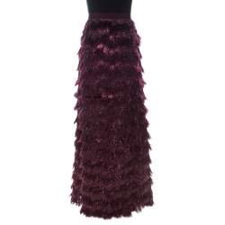Pre Owned Max Mara Burgundy Metallic Jacquard Tinsel Fringed Maxi Skirt M