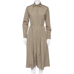 Pre Owned Max Mara Khaki Brown Cotton Button Front Pleated Shirt Dress S