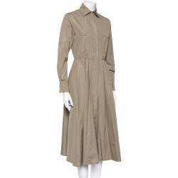Pre Owned Max Mara Khaki Brown Cotton Button Front Pleated Shirt Dress S