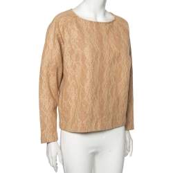 Pre Owned Max Mara Camel Brown Wool Floral Lace Raglan Sleeve Liriche Top S