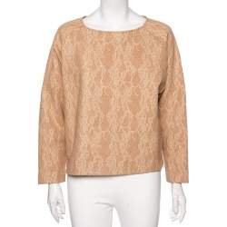 Pre Owned Max Mara Camel Brown Wool Floral Lace Raglan Sleeve Liriche Top S