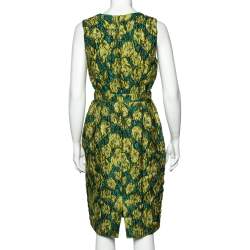 Pre Owned Max Mara Green Floral Embossed Jacquard Belted Sleeveless Sheath Dress L