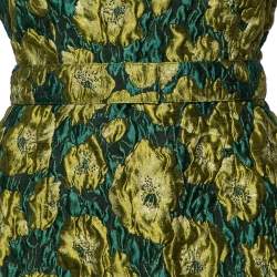 Pre Owned Max Mara Green Floral Embossed Jacquard Belted Sleeveless Sheath Dress L