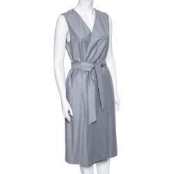 Pre Owned Max Mara Grey Wool Sleeveless Belted Coat M