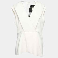 Pre Owned Max Mara Cream Crepe Metallic Trim Pleated Front Blouse XL