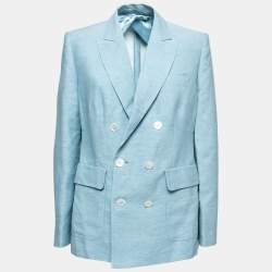 Pre Owned Max Mara Blue Linen & Silk Ottuso Double Breasted Blazer L
