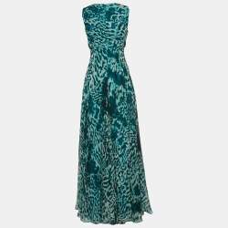 Max Mara Green Animal Printed Silk Sleeveless Maxi Dress S