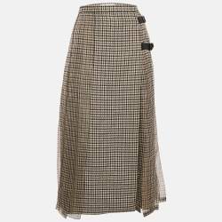 Max Mara Sfilata Brown Houndstooth Wool and Silk Leather Trim Midi Skirt M