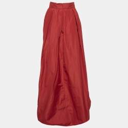 Pre Owned Max Mara Studio Red Crepe Gathered Maxi Skirt L