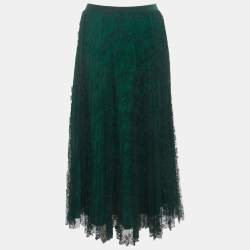 Pre Owned Max Mara Studio Green Pleated Chantilly Lace Sierra Midi Skirt M