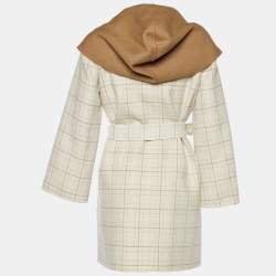 Max Mara Studio Cream Checked Wool Open Front Hooded Belted Coat S