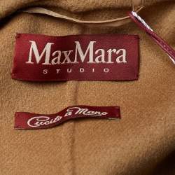Max Mara Studio Cream Checked Wool Open Front Hooded Belted Coat S