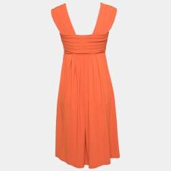 Pre Owned Max Mara Studio Orange Jersey Pleated Detail Sleeveless Midi Dress S