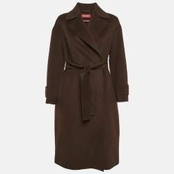 Max Mara Studio Brown Virgin Wool and Cashmere Open Front Belted Long Coat S