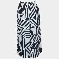 Pre Owned Max Mara Studio Navy Blue Printed Crepe Pleated Midi Skirt S