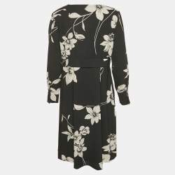Pre Owned Max Mara Studio Black Floral Print Crepe Pleat Detailed Short Dress L