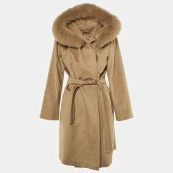 Pre Owned Max Mara Studio Beige Wool Detachable Fur Hood Coat L