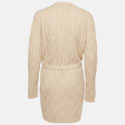 Pre Owned Max Mara Studio Beige Cable Knit Belted Cardigan L