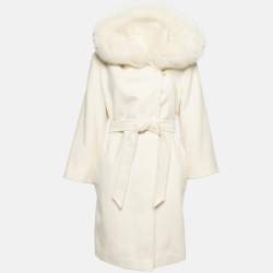 Pre Owned Max Mara Studio Cream Wool Fur Trim Mango Coat M