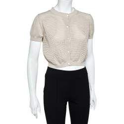 Max Mara Studio Beige Perforated Cotton Knit Cropped Cardigan L