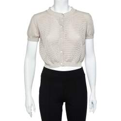 Max Mara Studio Beige Perforated Cotton Knit Cropped Cardigan L