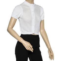Pre Owned Max Mara Studio White Perforated Cotton Knit Cropped Cardigan L