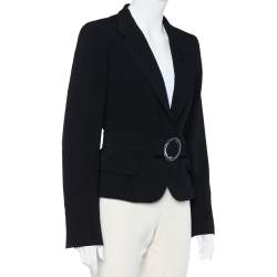 Max Mara Black Striped Crepe Belted Button Front Blazer M