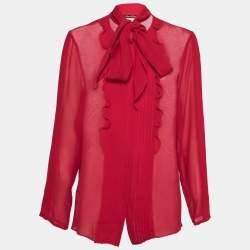 Max Mara Studio Red Silk Chiffon Ruffle Trimmed Blouse L